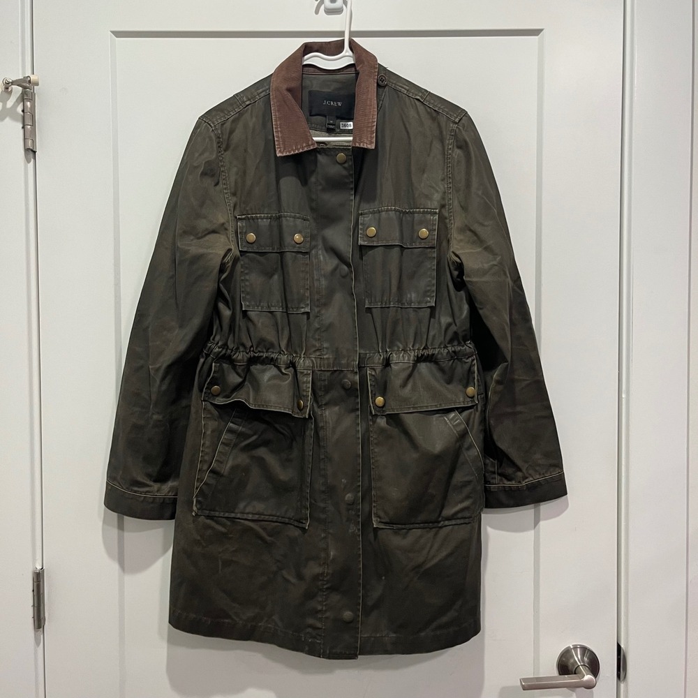 J.Crew Waxed Cotton Field Jacket Olive Green Corduroy Collar Utility Coat Medium